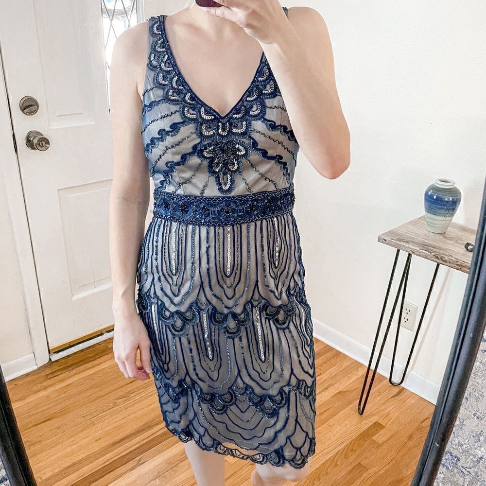 Sue Wong Beaded Sequin Flapper Mini Dress Blue 10